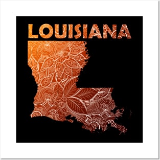 Colorful mandala art map of Louisiana with text in brown and orange Posters and Art